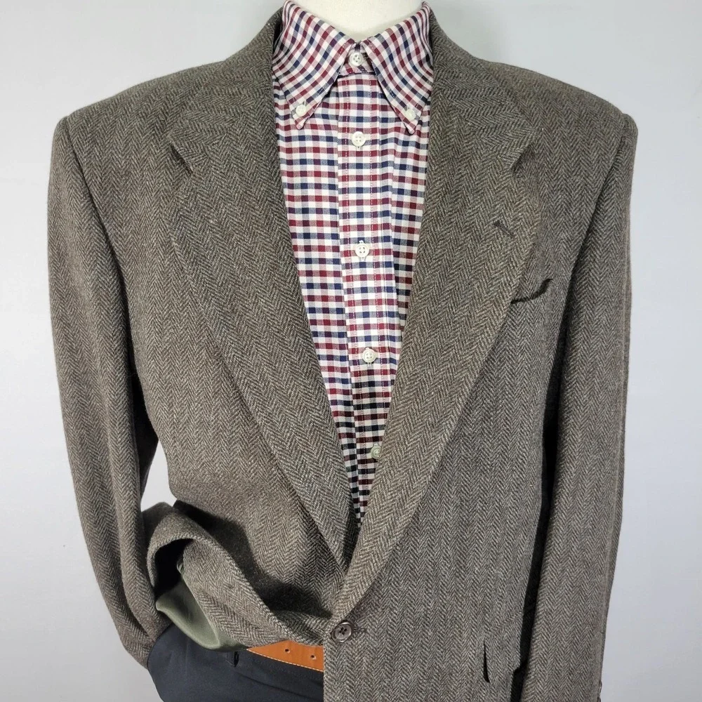 Bill Robinson Mens Tweed Sport Coat Blazer Two Button Brown herringbone Wool 44L